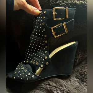 Studded Black Wedge Sandals